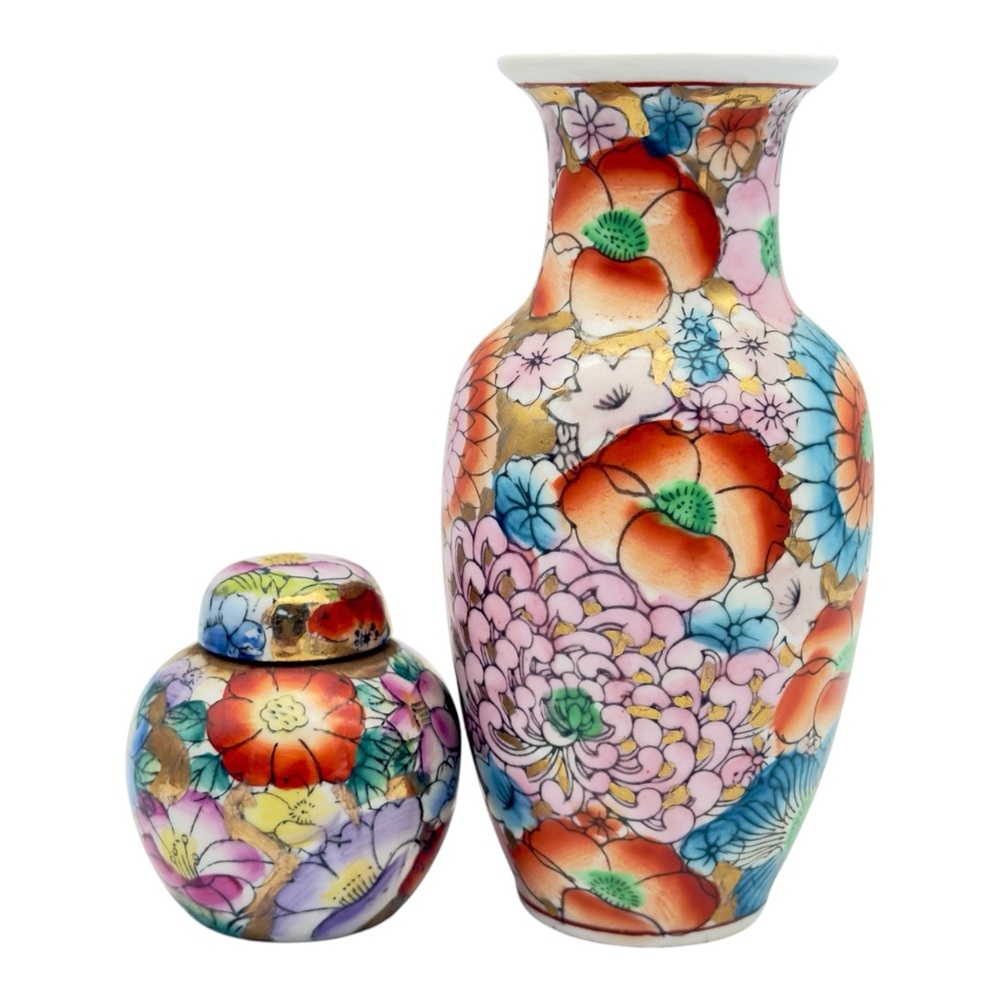 Vintage Chinese Mille Fleur Porcelain Vase And Lidded Ginger Jar Chinoiserie Set